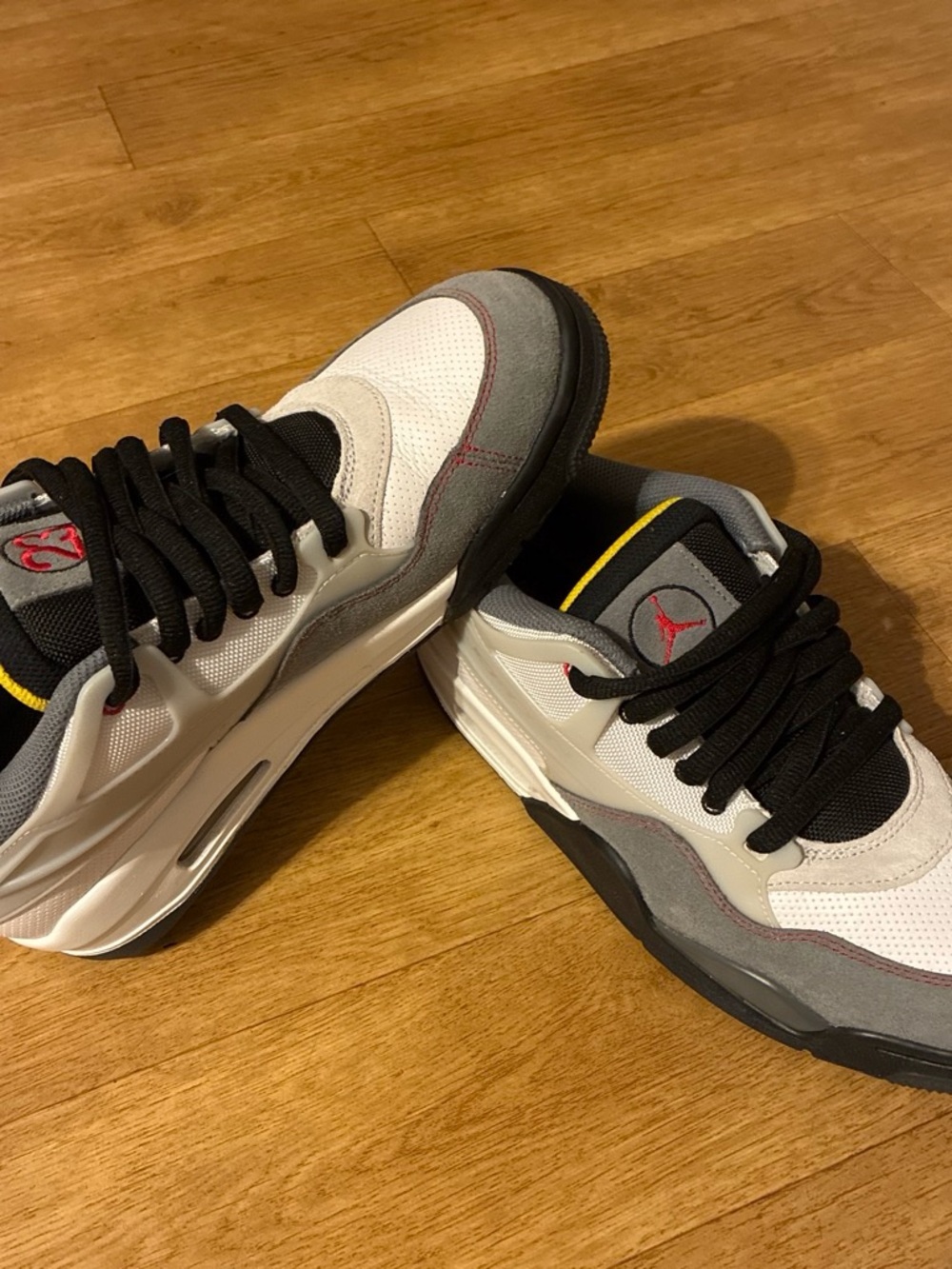 Jordan Men's Athletic Sneakers in White, Gray, Black with Red and Yellow Accents